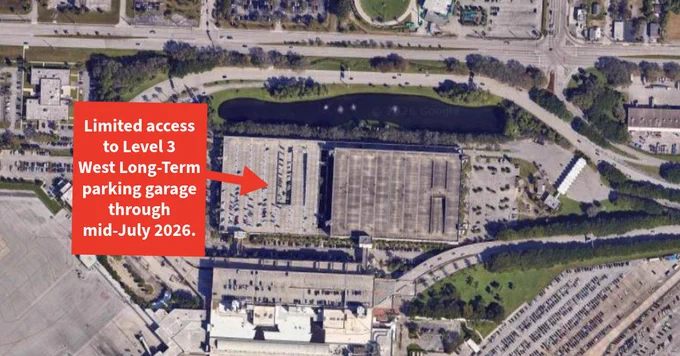 Aerial map of Palm Beach International Airport showing the long-term parking garage. A red text box with a red arrow points to the west side of the garage and states: “Limited access to Level 3 West Long-Term parking garage through mid-July 2026.” 