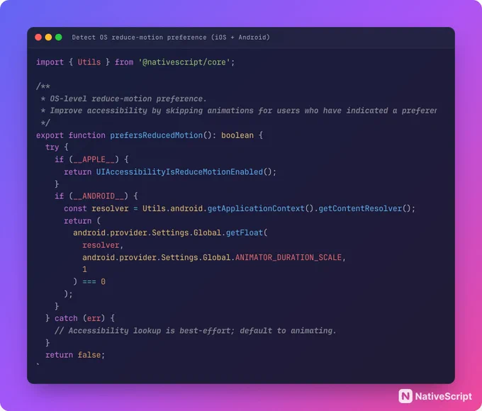 OS-level reduce-motion preference with NativeScript.