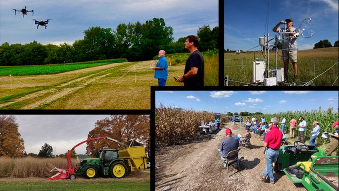 Drone testing, crop machinery, and agricultural field research activities in rural settings.