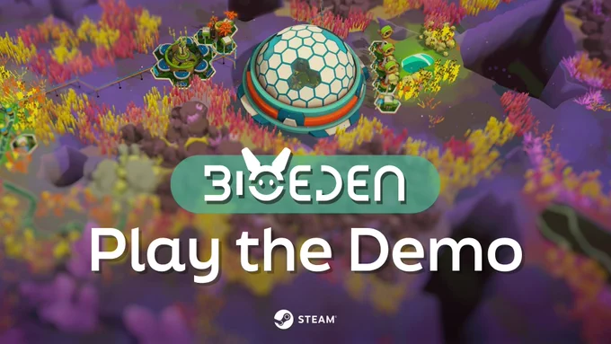 Futuristic domed habitat on alien terrain with vibrant plants and small robots, promoting BioEden game demo on Steam.