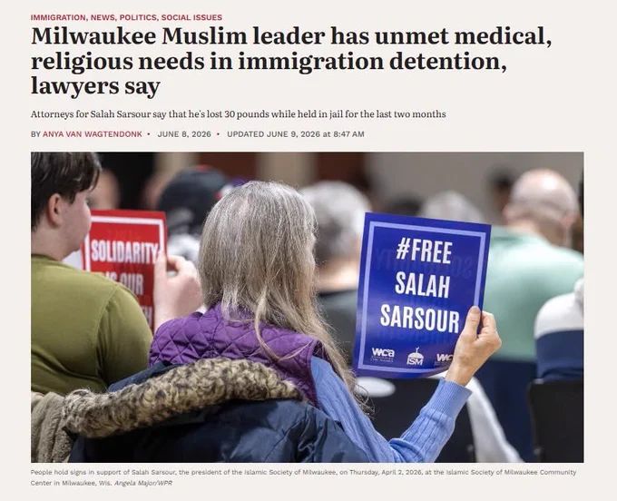 Headline and photo from WPR, with photo depicting pro Sarsour advocates at a press conference