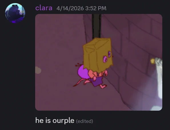 a discord message of a screenshot from gemporium with Moel wearing a paperbag and he is fully purple. There is text that says, he is ourple
