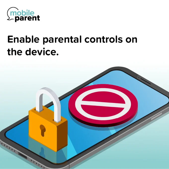 A smartphone displaying a warning symbol and a padlock icon on its screen. The text says, "Enable parental controls on the device." The Mobile Parent logo is in the top-left corner.