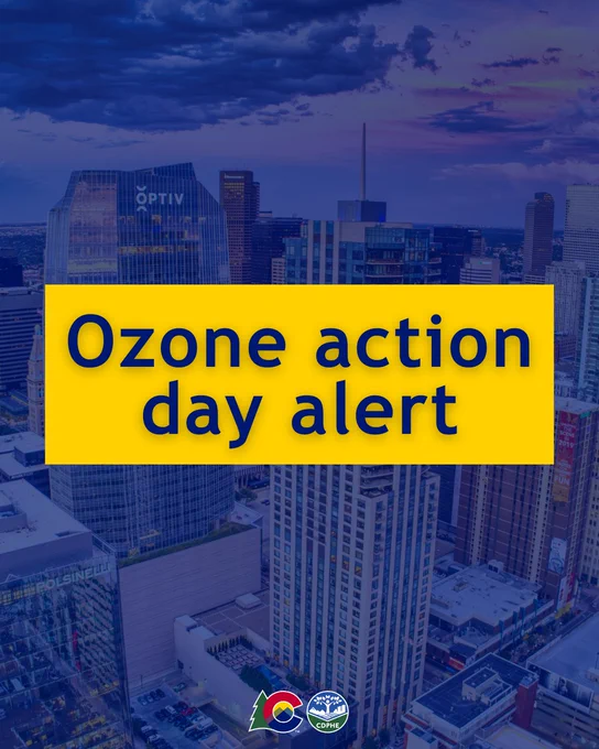 Ozone action day alert text in blue on yellow background over image of Denver cityscape.