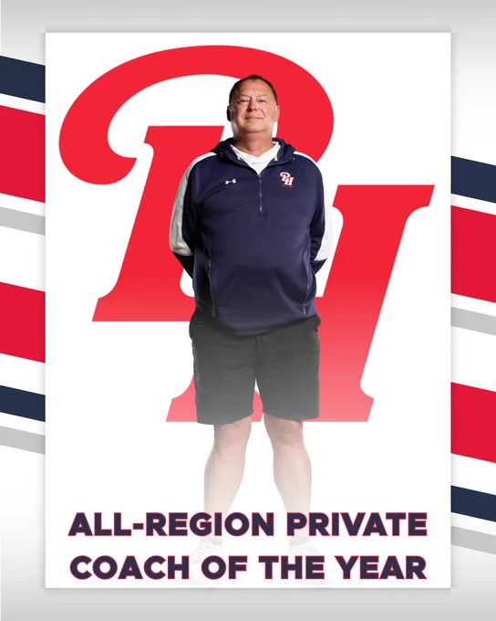 A celebratory poster for a coach awarded 'All-Region Private Coach of the Year.' The person in the image is standing confidently in front of large text.