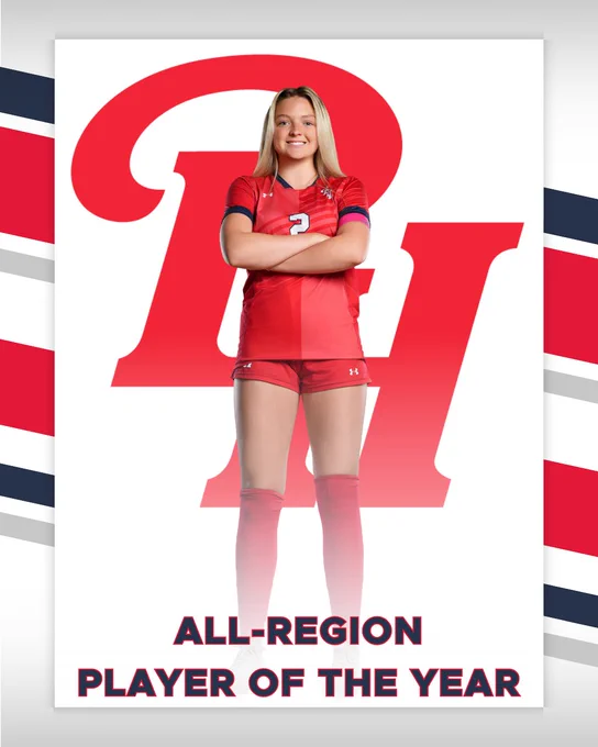 A promotional image highlighting the All-Region Player of the Year in women's soccer, featuring an athlete in a red uniform against a bold graphic background.