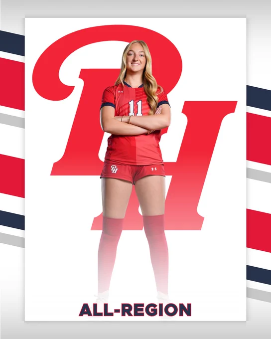 A female athlete in a red uniform poses confidently in front of a large, red 'R'. The poster highlights an 'All-Region' achievement.