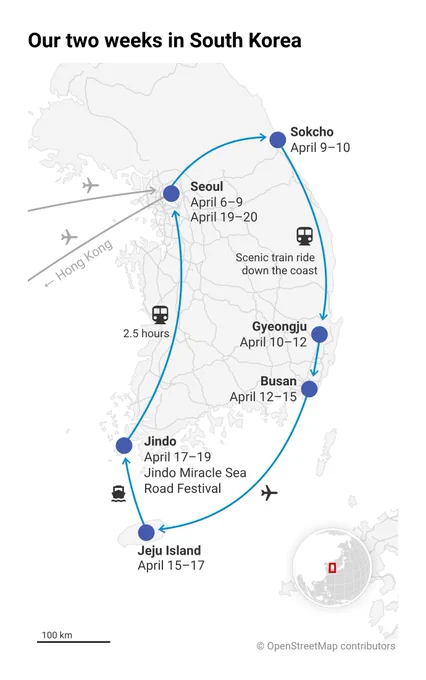 Map of a two-week South Korea trip in April, starting and ending in Seoul. The route loops from Seoul to Sokcho, down the coast to Gyeongju and Busan, then by plane to Jeju Island, by ferry to Jindo for the Miracle Sea Road Festival, and back to Seoul by train