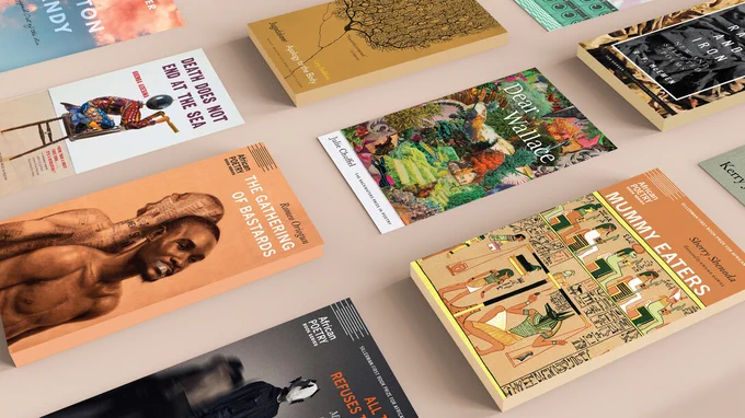 An illustration of poetry book covers from the University of Nebraska Press. Visible titles include "Jagadakeer: Apology to the Body" by Lori Bedikian, "Dear Wallace" by Julie Choffel, "Mummy Eaters" by Sherry Shenoda, "Death Does Not End at the Sea" by Gbenga Adesina and "The Gathering of Bastards" by Romeo Oriogun. (Kristen Labadie/University Communication and Marketing)