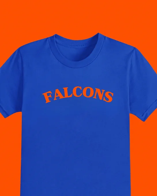 orange background with a blue shirt that says "falcons"