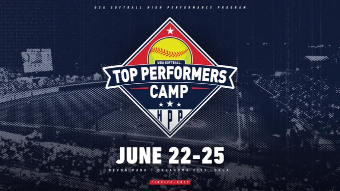 Promotional graphic for the USA Softball High Performance Program's Top Performers Camp, taking place June 22-25 in Oklahoma City.