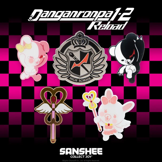 Danganronpa 1-2 Reload pins featuring Monokuma, Usami, Magical Miracle Girl Usami Wand, Monomi, and Hope's Peak Academy