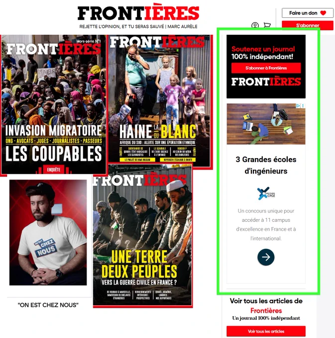 Montage, bandeau frontières et pub "Concours CPGE" avec à coté, des couvertures du magazine anti-immigration et le t-shirt "On est chez nous" vendu sur sa boutique.