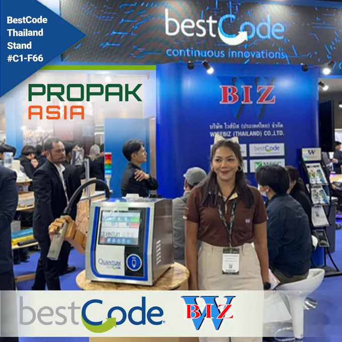 Propak Asia 2026 is underway, and BestCode Thailand — Wisebiz is exhibiting live at Stand C1-F66.
Stop by to see the BestCode Quantum and QuantumX — advanced CIJ coding and marking solutions built for reliability, ease of use, and seamless integration into your production line.
Ready to upgrade your coding equipment? Our team is on hand to discuss your needs and show you what's possible.
