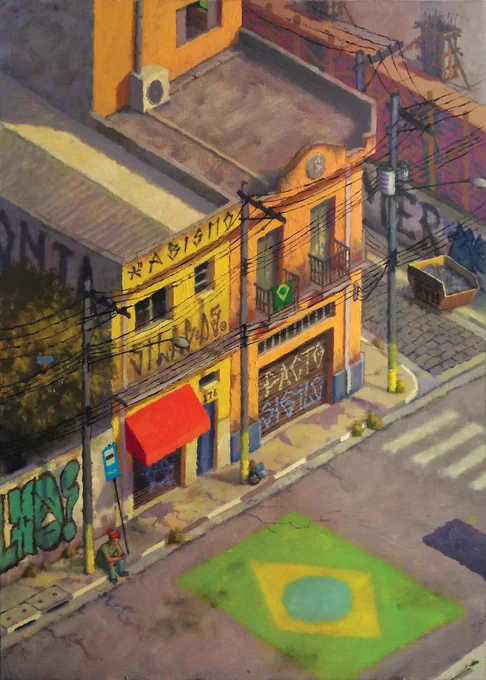 Pintura em óleo sobre tela retratando uma rua deserta num dia de jogo da Seleção na Copa do Mundo. Há dois sobrados com comércio no térreo. Esses edifícios estão pichados e sujos. Os comércios estão com as portas fechadas. Na calçada, há um ponto de ônibus, e um rapaz está sentado no meio-fio aguardando o ônibus sozinho. No asfalto, vemos uma bandeira do Brasil desenhada, como é tradição em Copas do Mundo.