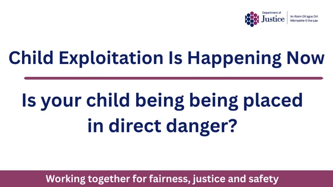 Child Exploitation is Happening Now.  Is your child being placed in direct danger?  Working together for fairness, justice and safety.  DoJ logo included.