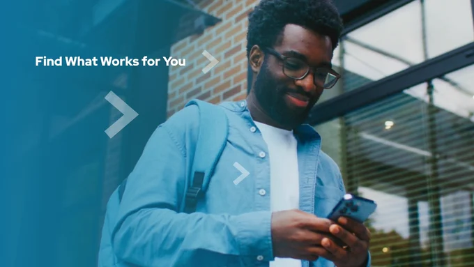 

A person with glasses and a beard looks at a smartphone while smiling. They are wearing a blue shirt and backpack. The text "Find What Works for You" is displayed on the left.