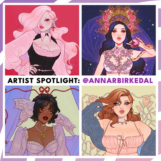 An artist reveal for one of the July books. A quartet of illustrations arranged in quadrants of the graphic. Surrounding the graphic is an ombre lilac-pale pink striped border. In the center it reads “Artist Spotlight: @annarbirkedal”. Artist Spotlight is in black font while the handle is in a purple font.