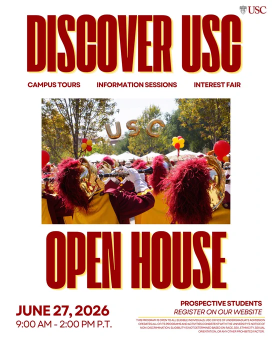USC open house event announcement with marching band playing under USC balloon letters on a sunny day.