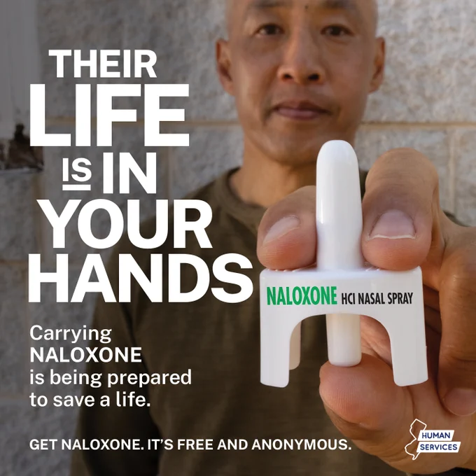 Graphic about a Department of Human Services program, which provides Naloxone for free at participating pharmacies. An image of Narcan nasal spray is seen. 