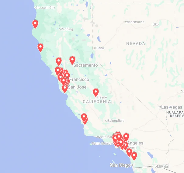Screenshot of a map of California showing where the lead agencies of AB 130 projects are located. Pink pinpoints span the map from Mendocino in the north to San Diego in the south. Most pins are clustered around the Bay Area and Los Angeles area. 