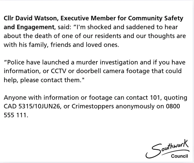 Statement from Cllr David Watson regarding a murder investigation and appeal for information.