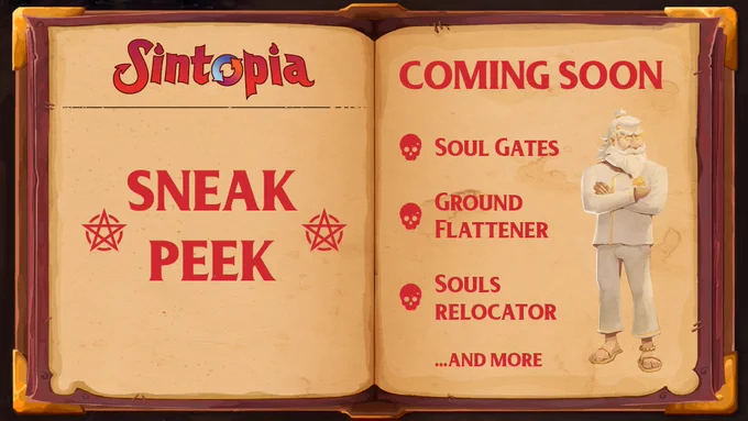 An open book with the Sintopia game logo and the title "Sneak Peek." On the second page is the subtitle "Coming Soon" and three bullet points for Soul Gates, Ground Flattener, and Souls Relocator.