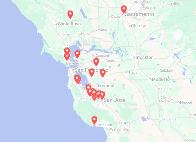 Screenshot of a map of the Bay Area in California showing where the lead agencies of AB 130 projects are located. Pink pinpoints show that many projects are clustered in this area, including San Jose, Hayward, Richmond, and San Rafael. 