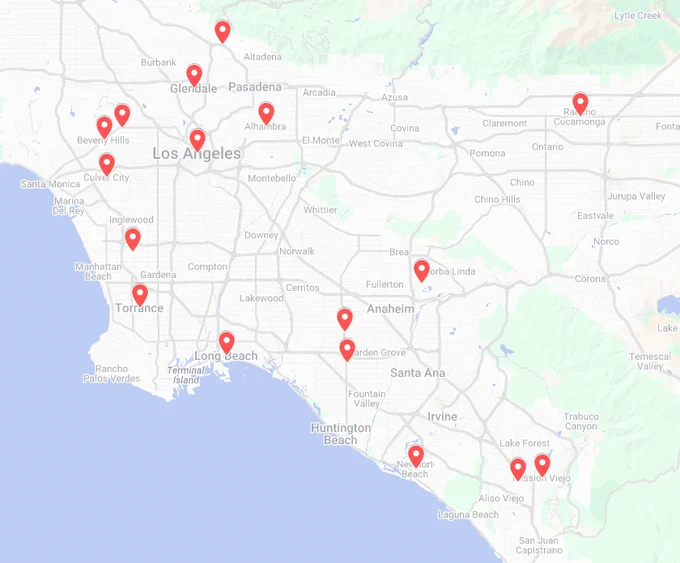 Screenshot of a map of the Los Angeles in California showing where the lead agencies of AB 130 projects are located. Pink pinpoints show that many projects are clustered in this area, including Los Angeles, Glendale, Long Beach, Torrance, and Mission Viejo. 