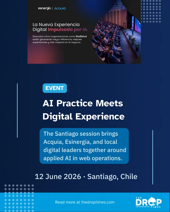 Vertical TDT card: “AI Practice Meets Digital Experience” with deck on Acquia and Esinergia’s Santiago AI session.