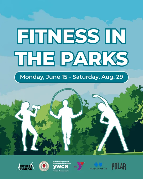 Graphic with text saying:
Fitness in the Parks
Monday, June 15 - Saturday, Aug. 29 