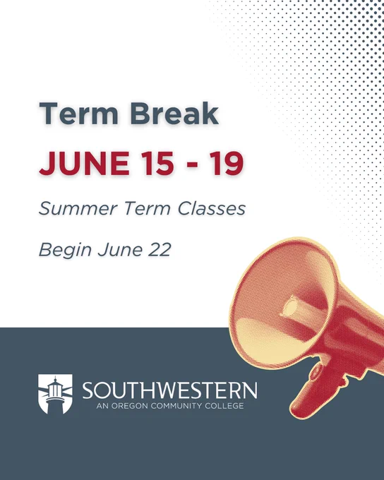 An announcement poster from Southwestern Oregon Community College detailing a term break from June 15-19, with summer term classes beginning June 22. The poster features a graphic of a megaphone.