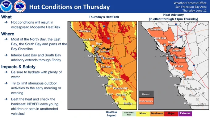 Widespread Moderate HeatRisk is anticipated on Thursday and Friday across a good portion of the Bay Area. Moderate Heatrisk means members of heat-sensitive groups will experience negative heat-related health effects, including heat illnesses. Be sure to drink plenty of water, do not leave children or pets in unattended vehicles. Take frequent breaks in air conditions (if applicable) or shade. Shift activities outdoors to cooler times of day. 