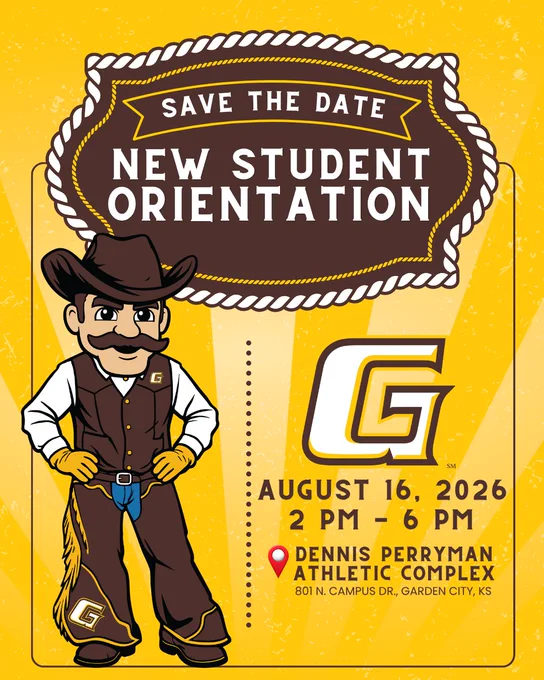 Western-themed poster announcing new student orientation on August 16, 2026, from 2 to 6 PM at Dennis Perryman Athletic Complex in Garden City, KS.
