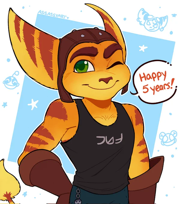 Drawing of Ratchet in a tank top winking at the camera while smiling. The back of his hand is rested on his hip, and he is saying, "Happy 5 Years!" There are mini doodles of Rivet, Kit, and Clank around him, as well as the word "cat" written on his shirt in Rift Apart text.