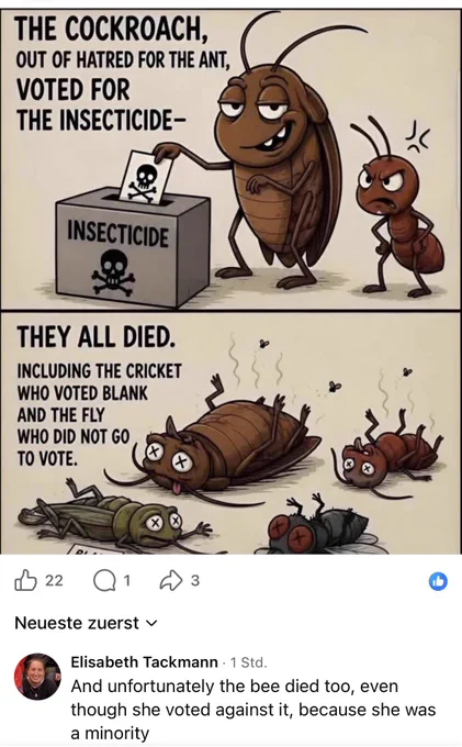 A screenshot of a Facebook, featuring a two-panel political cartoon about voting, followed by a user comment.
 Top Panel: A smug, cartoon cockroach is casting a ballot with a skull-and-crossbones symbol into a ballot box labeled "INSECTICIDE." An angry cartoon ant stands nearby, looking on with frustration. Bold text reads: "THE COCKROACH, OUT OF HATRED FOR THE ANT, VOTED FOR THE INSECTICIDE—"
 Bottom Panel: All the insects are shown dead on their backs with "X" eyes and odor lines swirling above them. Along with the cockroach and the ant, a dead cricket and a dead fly are visible. Bold text reads: "THEY ALL DIED. INCLUDING THE CRICKET WHO VOTED BLANK AND THE FLY WHO DID NOT GO TO VOTE."
 Facebook Comment: Below the image, a comment from user Elisabeth Tackmann reads: "And unfortunately the bee died too, even though she voted against it, because she was a minority"