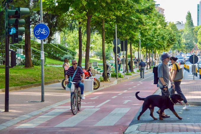 People of all ages and abilities ride bicycles along protected infrastructure lined with buildings, trees, lighting, and signage in.central Tirana.