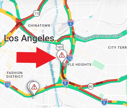 Map location of freeway closure. 