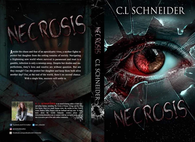 Full book cover wrap design titled 'NECROSIS' by C.L. SCHNEIDER, featuring a terrifying close-up of a hyper-realistic bloodshot eye with dark veins, black and crimson horror theme, premium dark typography on front and back jacket layout