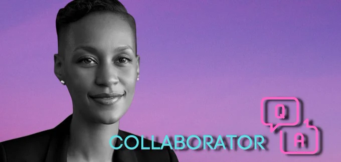 Black-and-white portrait of Leah Wambui Keinama against a purple gradient background, with neon "Collaborator" text and a Q&A speech-bubble graphic.