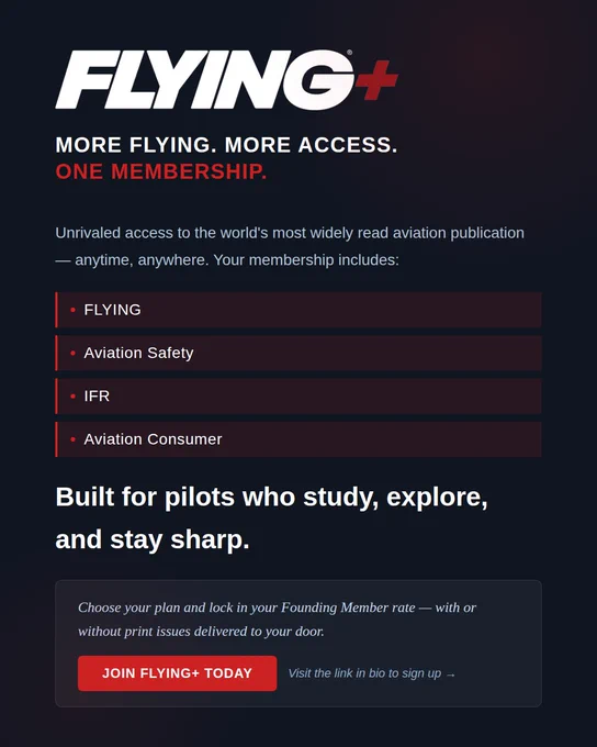 Promotional image for a membership to a popular aviation publication. Highlights key features for pilots, emphasizing exclusive access and varied content.