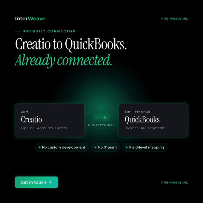 Creatio to QuickBooks.
Already connected.
🌐Explore: www.interweave.biz