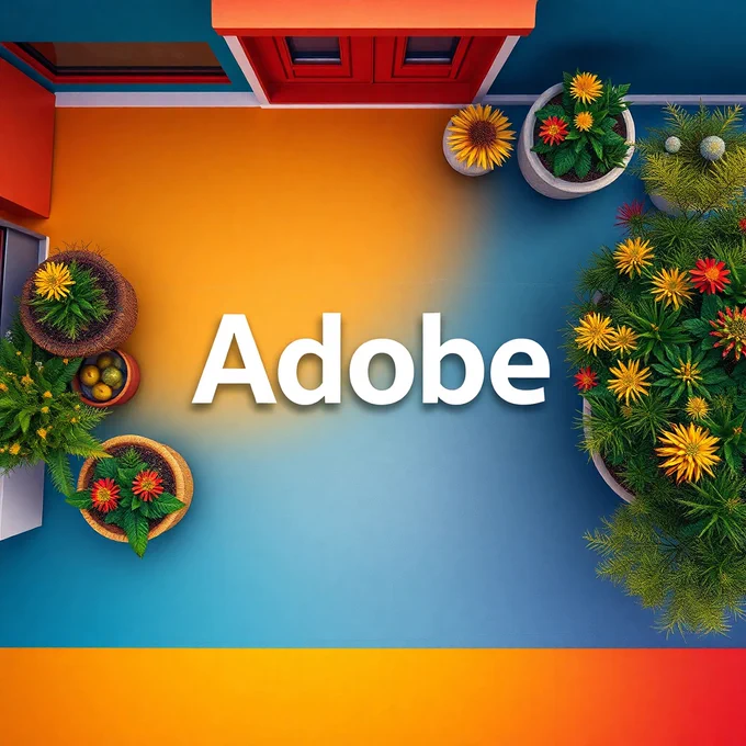 A top-down perspective of a vibrant, color-balanced scene featuring the Adobe logo in contrasting colors. The image uses complementary colors and showcases balanced tones, 3D plants and garden view from above.
