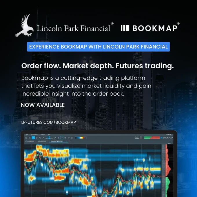 Lincoln Park Financial and Bookmap partnership promotional graphic featuring the Chicago skyline. The image highlights Bookmap's order flow and market depth visualization tools for futures traders. Text reads: "Experience Bookmap with Lincoln Park Financial," "Order flow. Market depth. Futures trading." and "Bookmap is a cutting-edge trading platform that lets you visualize market liquidity and gain insight into the order book." A Bookmap heatmap trading chart is displayed at the bottom with the URL LPFutures.com/Bookmap.
