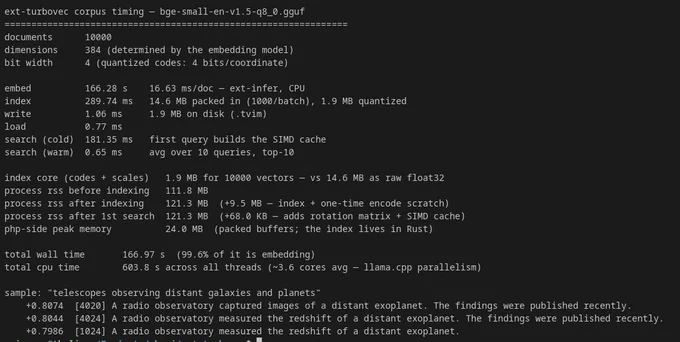 PHP's new ext-turbovec extension paired with ext-infer to embed and semantically search across a 10k document corpus.