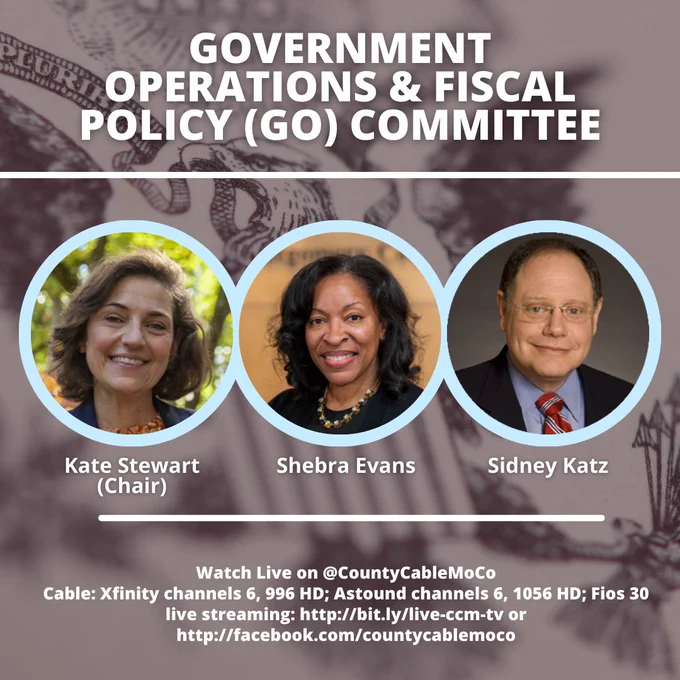 Portraits of Kate Stewart, Shebra Evans, and Sidney Katz, members of the Government Operations & Fiscal Policy Committee, with live stream details below.