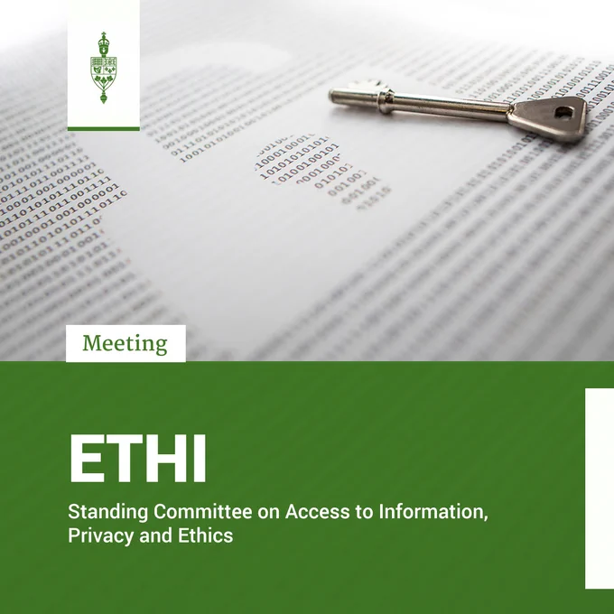 A paper with numbers and an outline of a lock, with a key resting on it.

Meeting	
ETHI	
Standing Committee on Access to Information, Privacy and Ethics