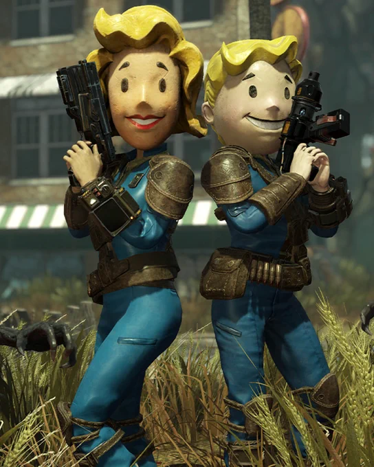 Two animated characters resembling Vault Boy stand back-to-back, each holding futuristic guns. They wear blue jumpsuits with leather armor details, set against a backdrop of a post-apocalyptic urban area with overgrown grass.