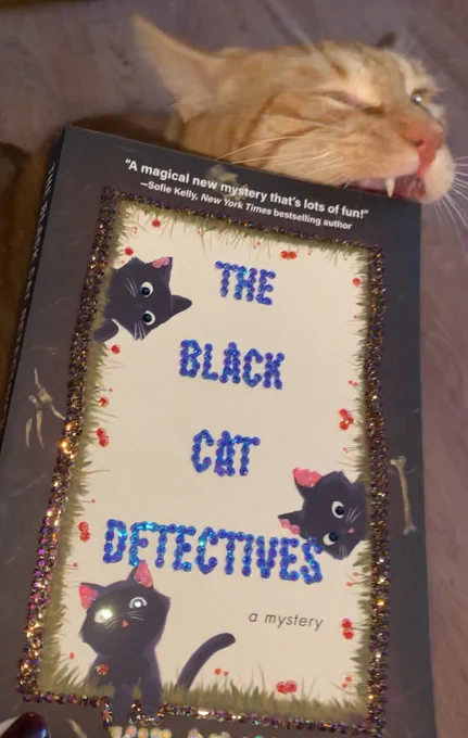 A ginger cat chomps the corner of a bedazzled copy of The Black Cat Detectives by Kit Gray