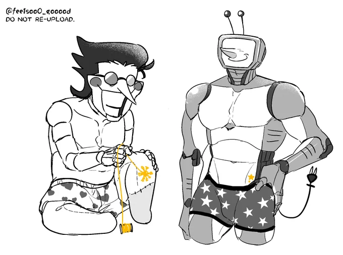 Spamton is sitting with one knee raised, wearing heart-patterned trunks. He is sewing a sun-shaped body stitch onto his plush left leg using yellow thread.

Tenna is standing with his hands on his hips, wearing star-patterned boxer briefs. A star sticker is attached near his left groin.